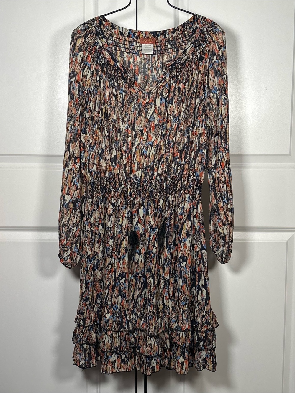 Scully Multicolor Feather Print Long Sleeve Smocked Waist Ruffle Dress